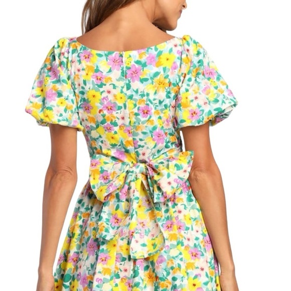 Lulus Attract Attention Multi Floral Puff Sleeve Tie-Front Mini Dress milkmaid - Picture 3 of 13
